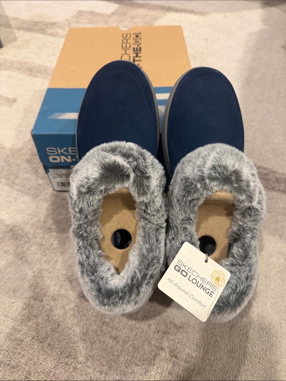 Skechers Navy Blue Slip-On Slippers with Gray Faux-Fur Collar